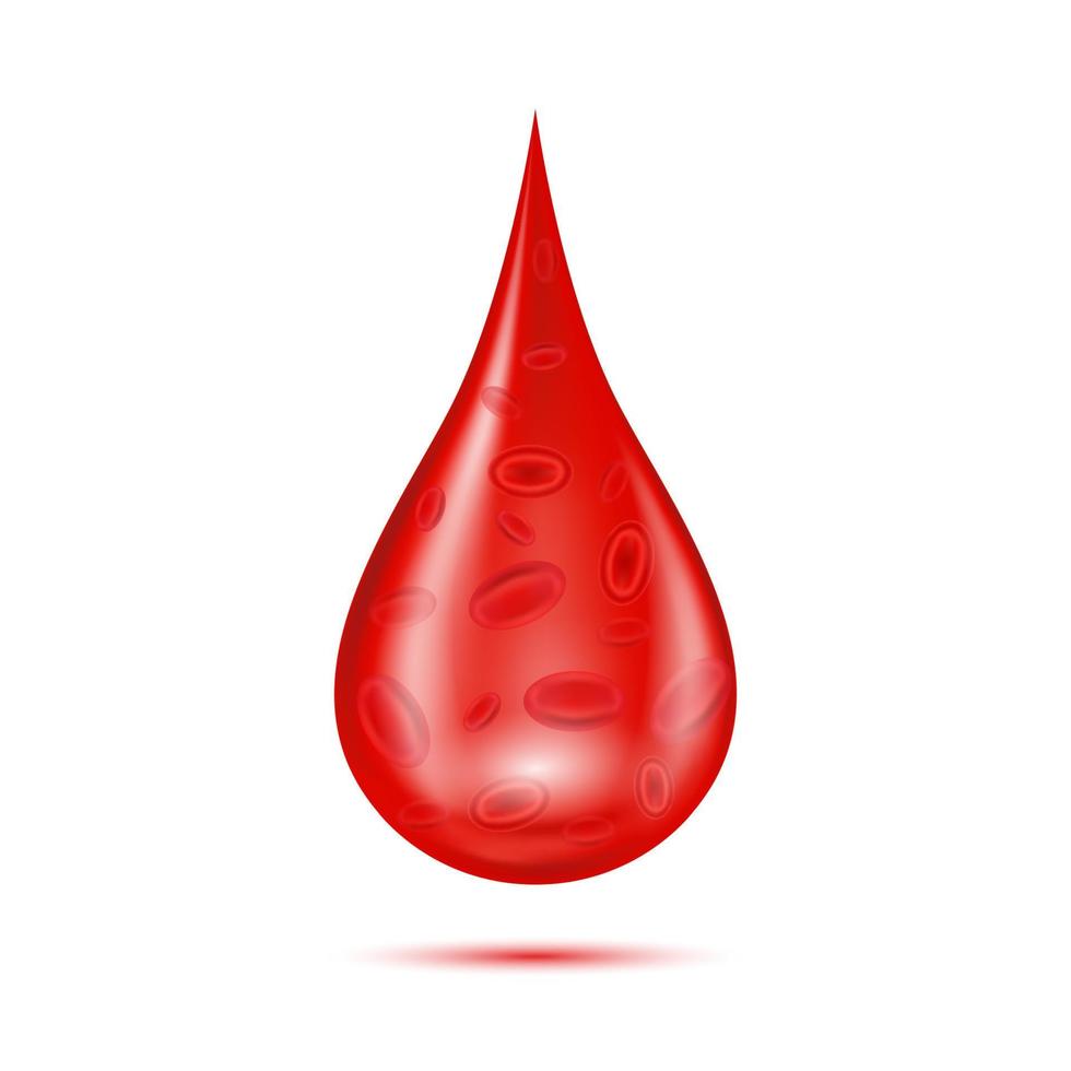 goutte de sang rouge brillant isolé sur fond blanc. hémoglobine, aide médicale en hématologie. vecteur 3d réaliste.