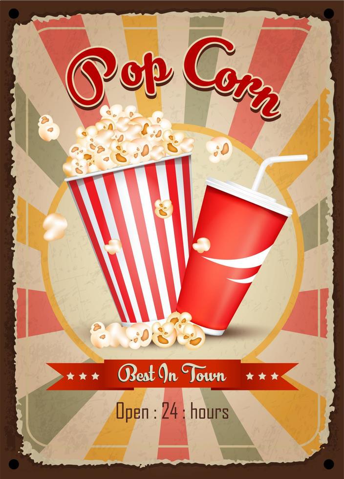 signe de restaurant vintage pop corn. affiche vintage de restauration rapide. design rétro avec gros hamburger sur fond métal ancien couleurs rouge et turquoise. supports d'impression de décoration murale. vecteur eps10.