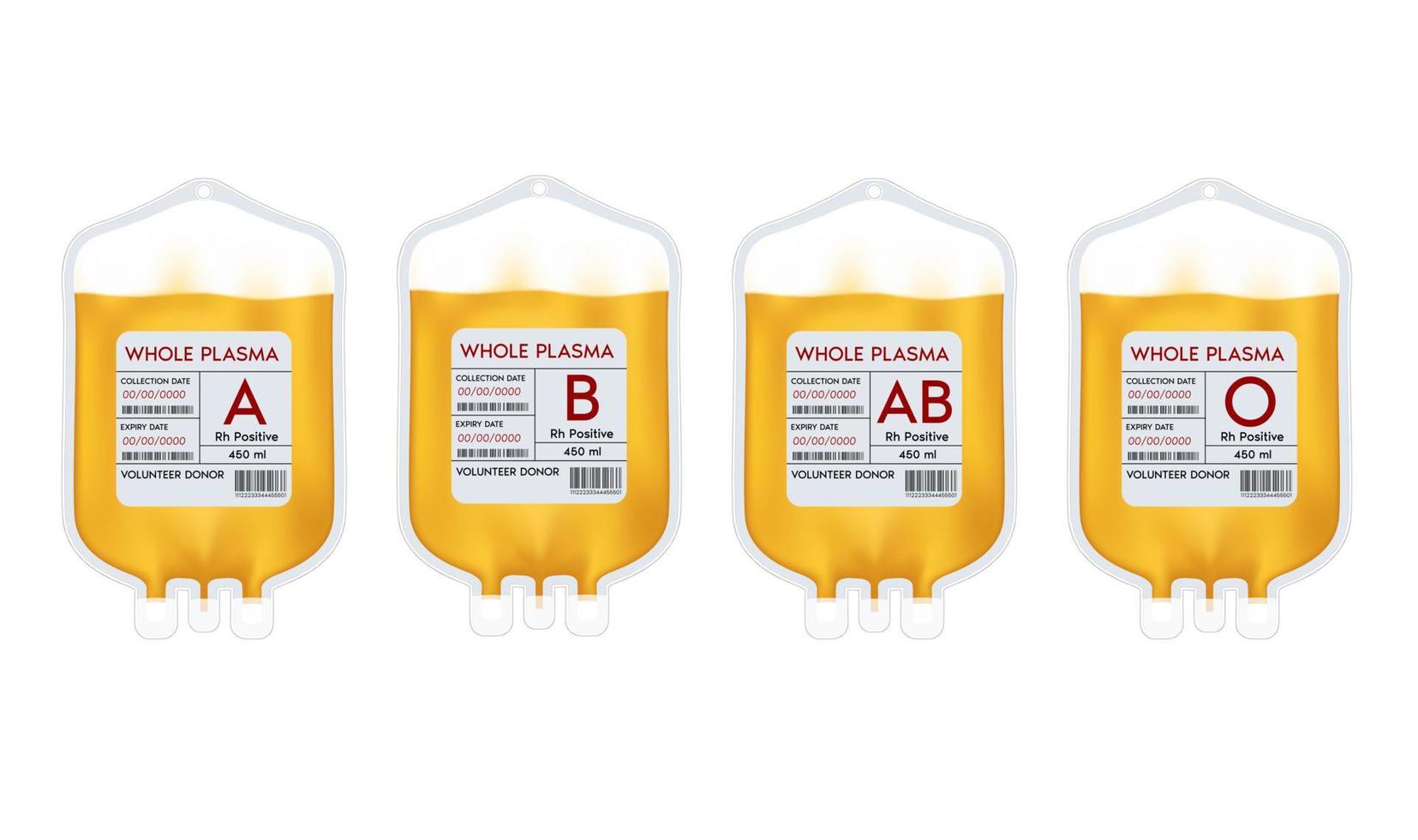 poche de sang plasma avec étiquette plasma différent groupe a, b, o et système rh. idées de don de plasma pour aider les blessés médicaux. illustration vectorielle 3d eps10 vecteur