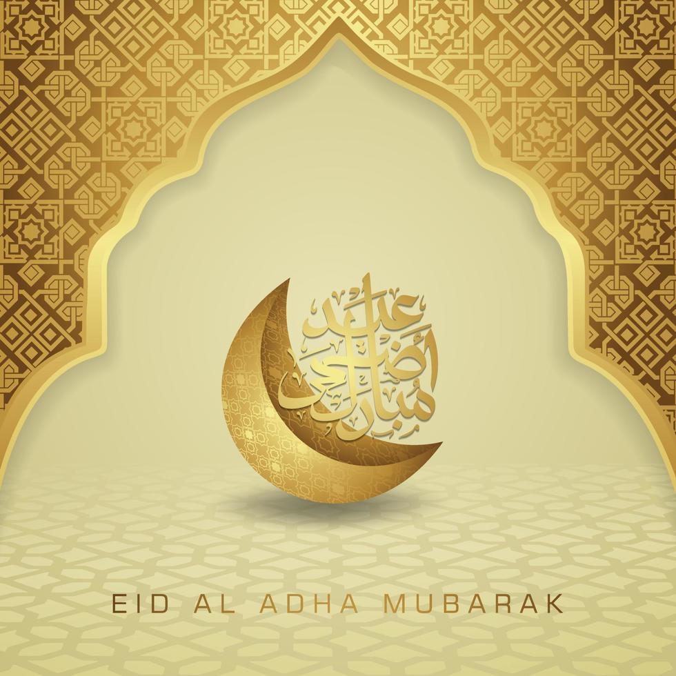 design luxueux et élégant eid al adha salutation avec couleur or sur calligraphie arabe, croissant de lune, lanterne et mosquée de porte texturée. illustration vectorielle. vecteur