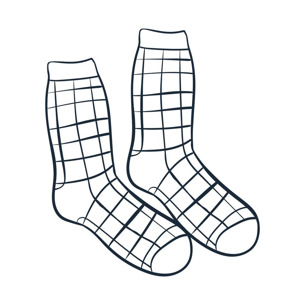 dessins au trait de chaussettes à carreaux. illustration vectorielle avec des griffonnages sur le thème de l'automne confortable.un élément mignon pour les cartes de voeux, les affiches, les autocollants et le design saisonnier. isolé sur fond blanc. vecteur