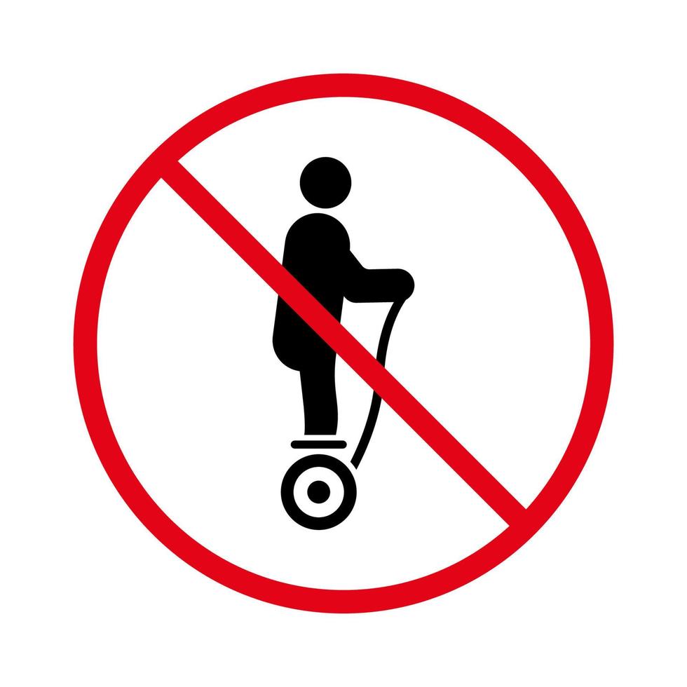 signe de hoverboard non autorisé. icône de silhouette noire de restriction de carte de vol stationnaire électrique. aucun symbole d'arrêt rouge de scooter gyroscopique. avertissement danger pictogramme de zone gyroscooter. illustration vectorielle isolée. vecteur