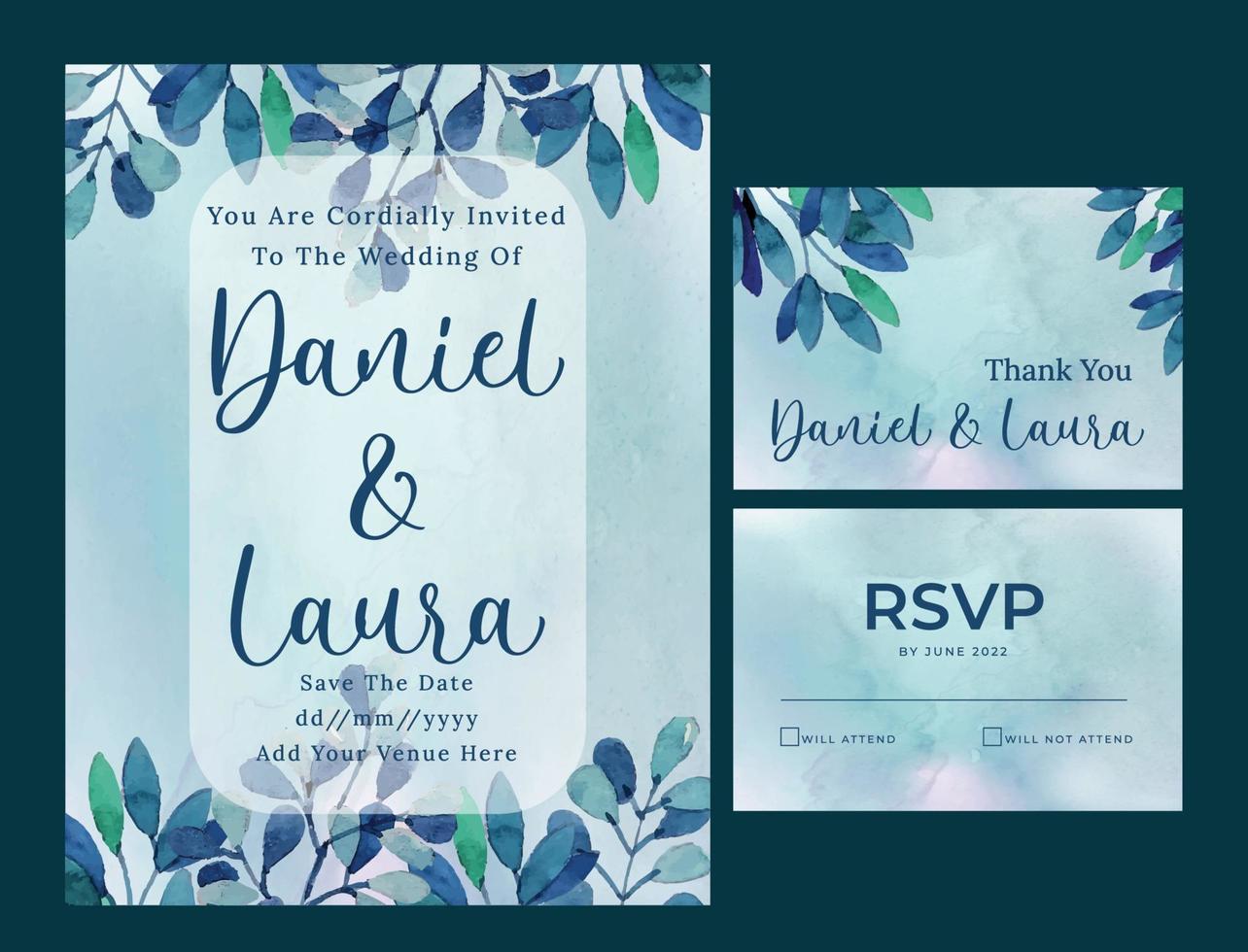 invitation de mariage avec des feuilles bleues aquarelle vecteur