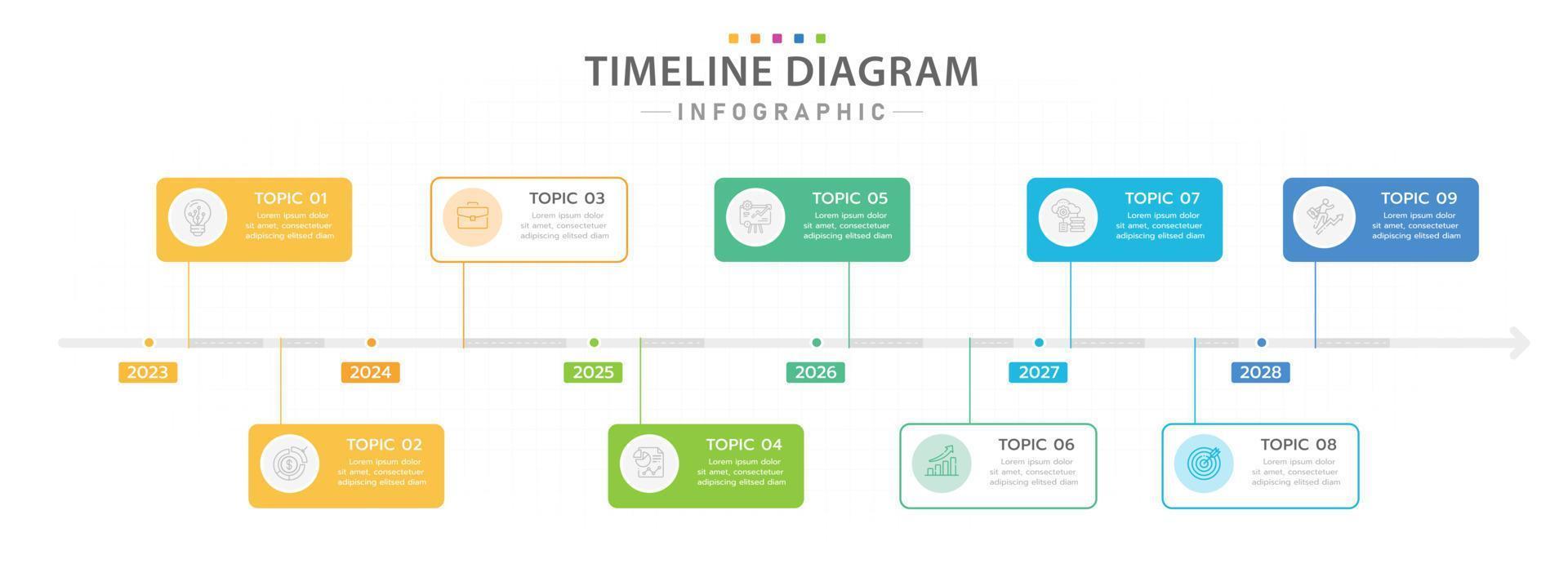 modèle d'infographie pour les entreprises. Calendrier de diagramme de chronologie moderne en 9 étapes avec des sujets annuels, infographie vectorielle de présentation. vecteur