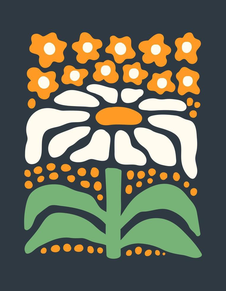 affiche botanique abstraite avec diverses fleurs groovy en fleurs sur fond bleu foncé. décor d'art naïf. illustration vectorielle dessinée à la main à la mode vecteur