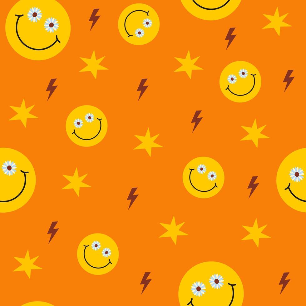 modèle sans couture groovy rétro avec des visages souriants sur fond orange. jolie illustration vectorielle tendance colorée dans le style des années 60, 70 vecteur