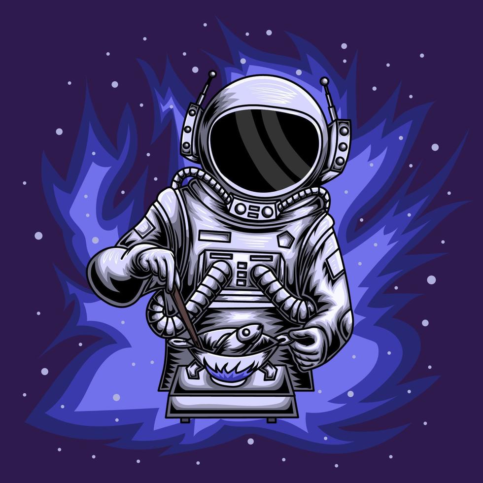 illustration d'un astronaute cuisinant du poisson sur fond bleu vecteur