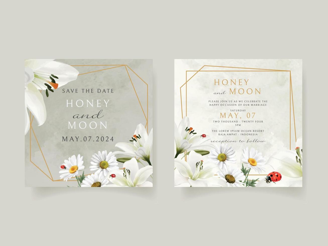 belle carte d'invitation de mariage floral et coccinelles vecteur