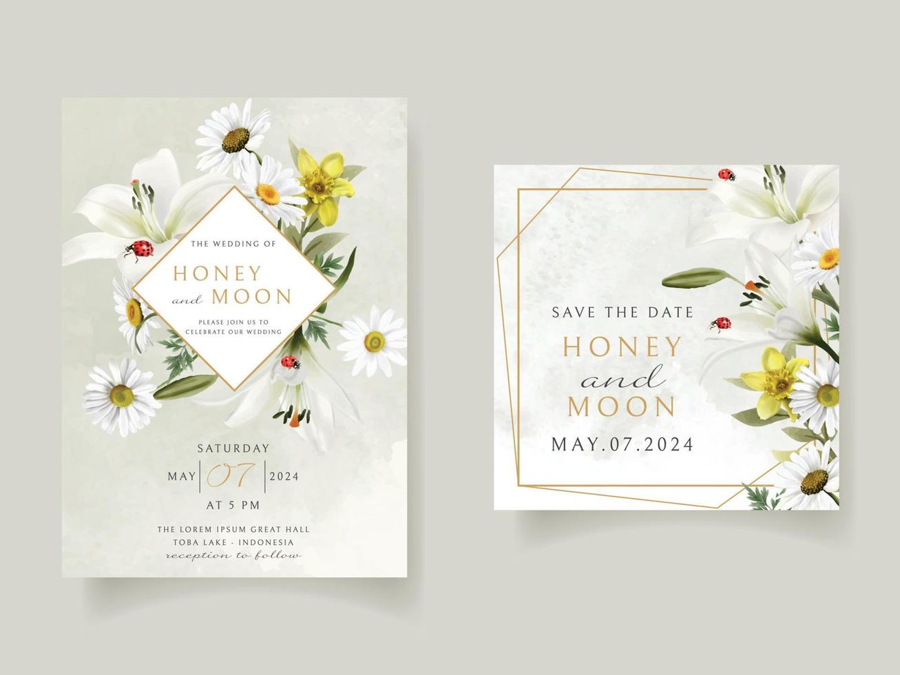 belle carte d'invitation de mariage floral et coccinelles vecteur
