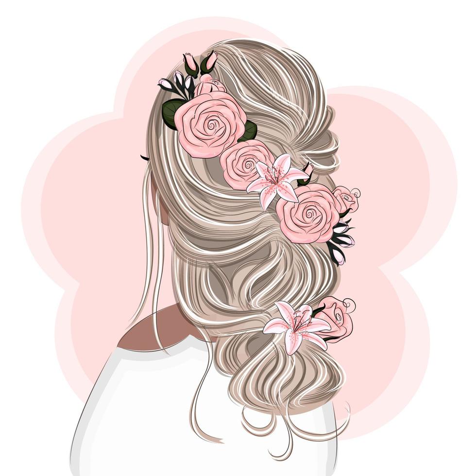 blonde avec une belle coiffure avec des fleurs, mode, illustration vectorielle vecteur