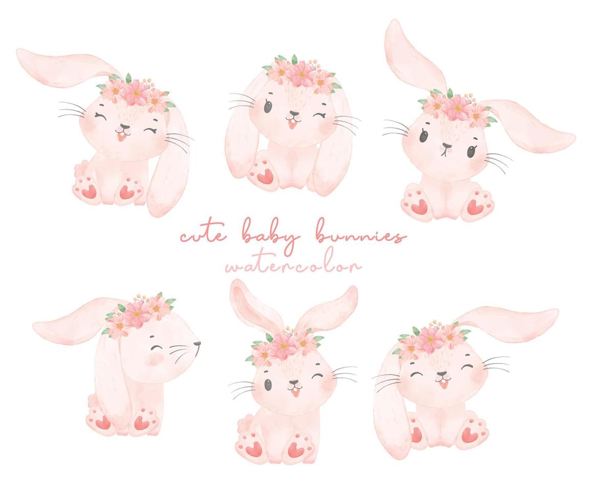 mignon adorable lapin rose avec couronne florale assis collection aquarelle, pépinière animale peinture à la main illustration vecteur