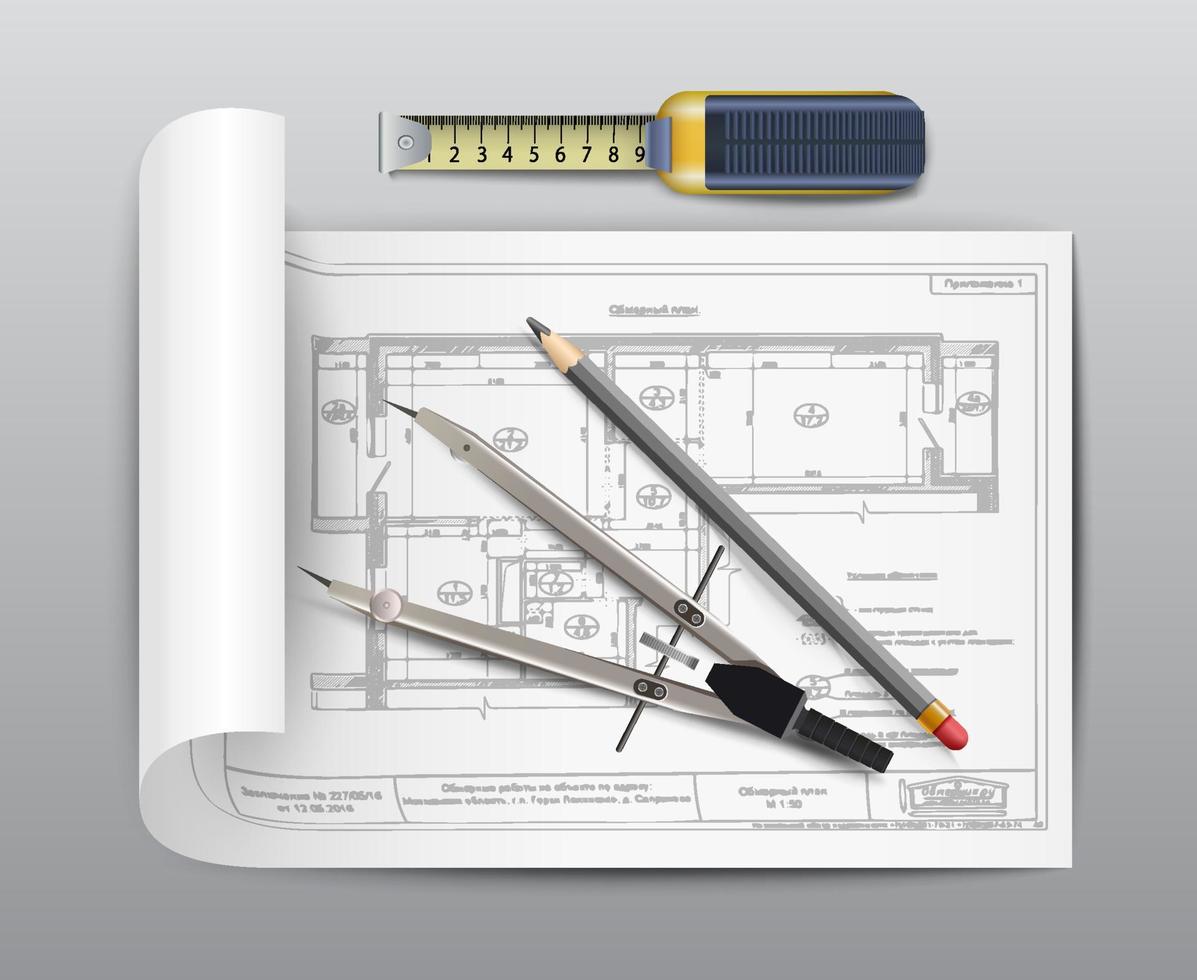 Icône de projet de conception de vecteur réaliste 3d avec rouleau de papier, outil de mesure, crayon et règle.