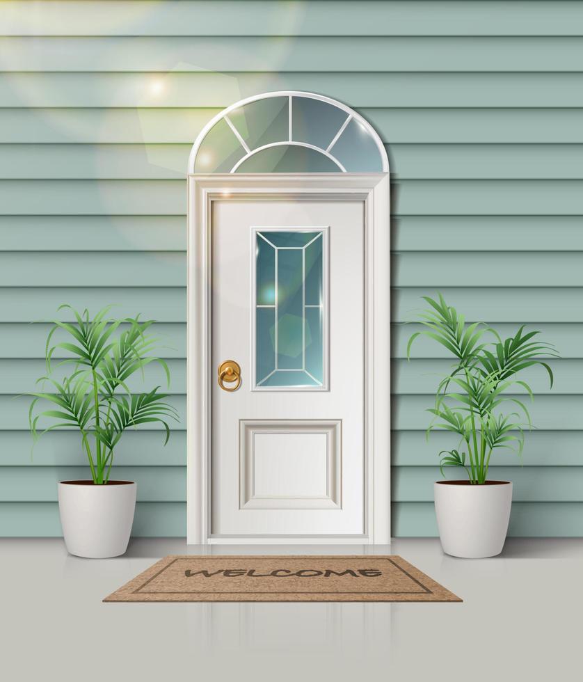 Illustration vectorielle réaliste 3D. entrée campagne avec plantes au sol et porte en bois blanc. vecteur