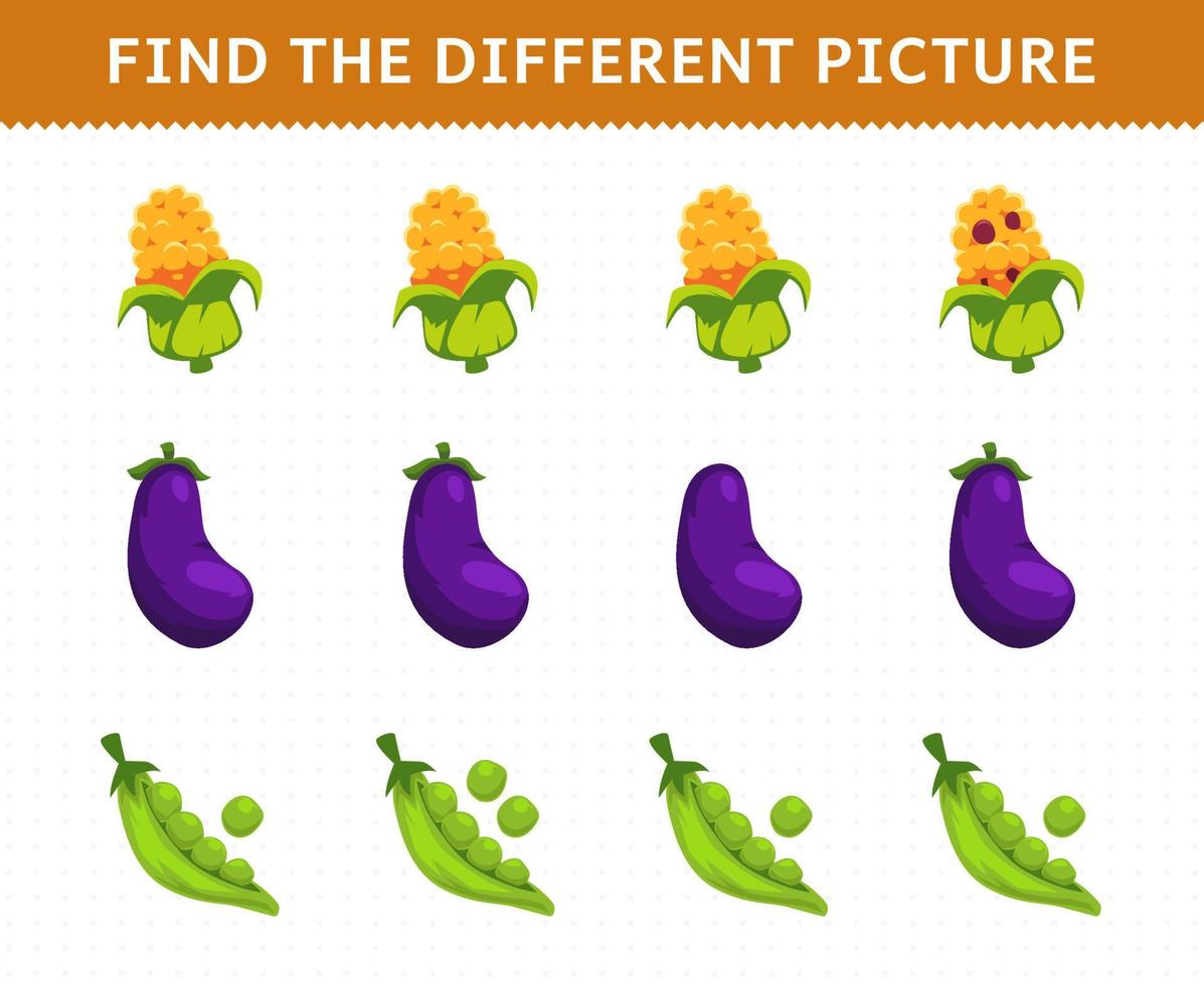 jeu éducatif pour les enfants trouver l'image différente dans chaque rangée légumes maïs aubergine pois vecteur