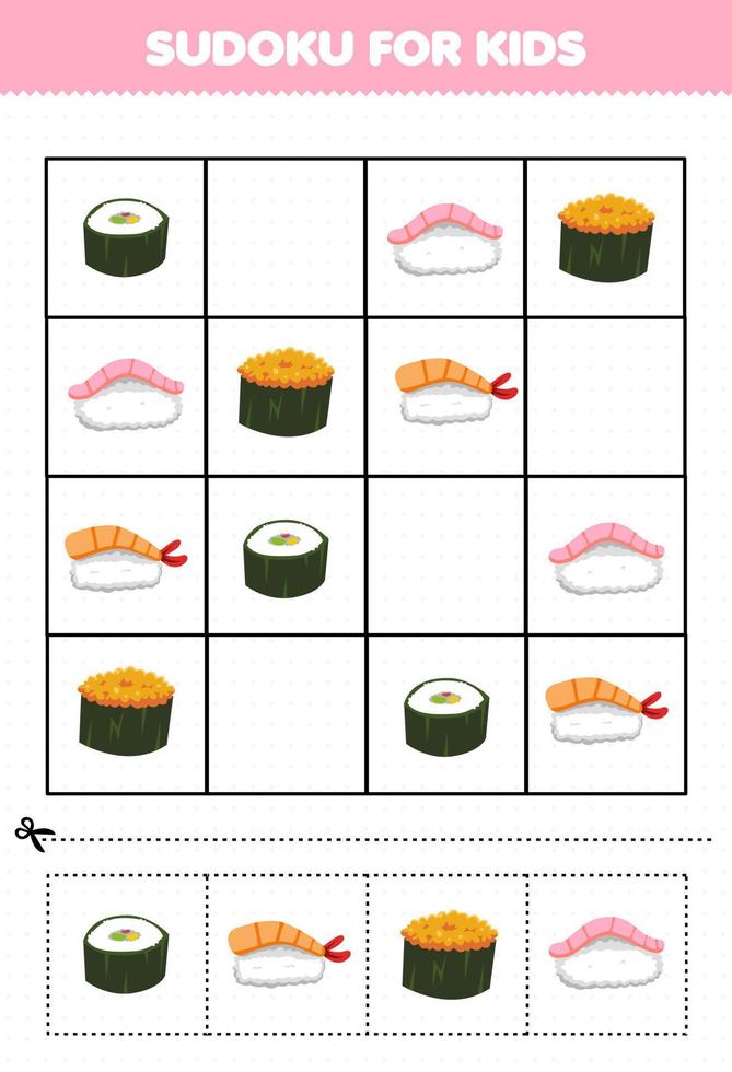 jeu éducatif pour les enfants sudoku pour les enfants avec des images de sushi de cuisine japonaise de dessin animé vecteur