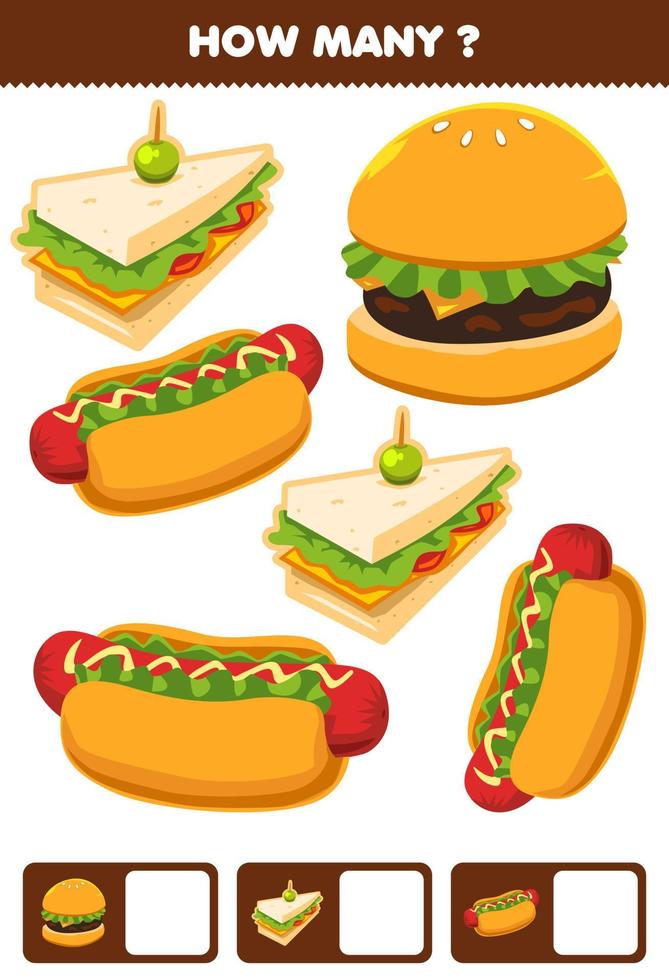 jeu éducatif pour les enfants recherche et comptage activité pour préscolaire combien dessin animé nourriture collation sandwich hot dog burger vecteur