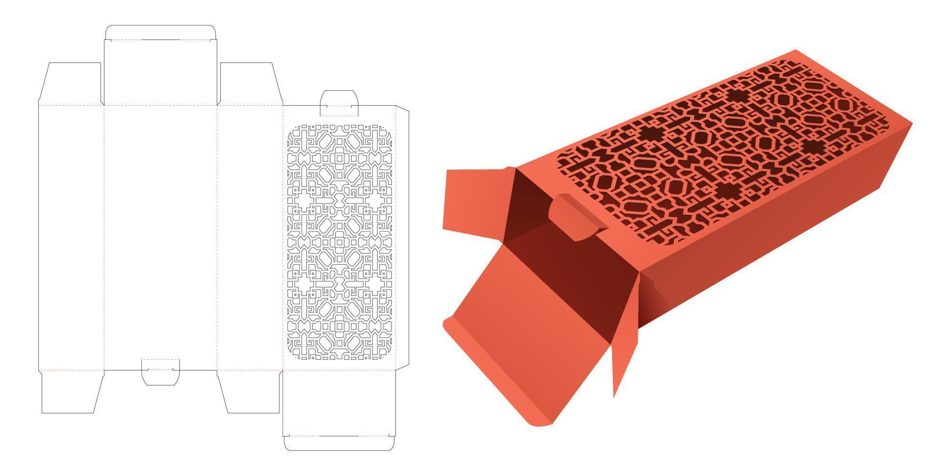 boîte facilement longue avec modèle de découpe de fenêtre à motif au pochoir et maquette 3d vecteur