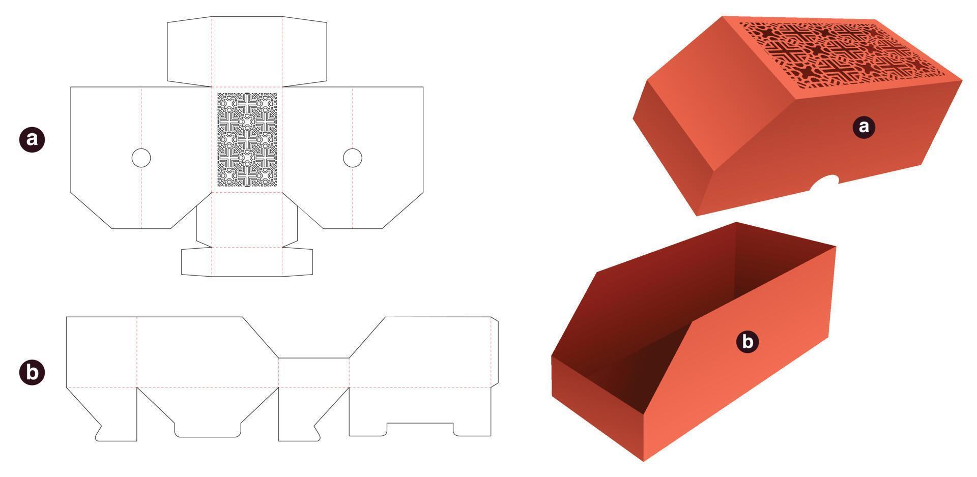 boîte chanfreinée et modèle de découpe de couvercle à motif au pochoir et maquette 3d vecteur