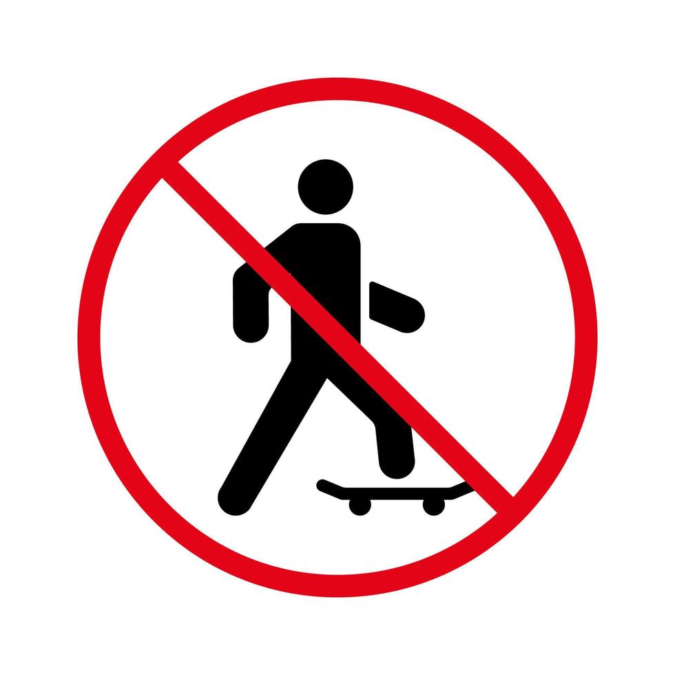 aucun signe de planche à roulettes homme autorisé. symbole de cercle d'arrêt rouge patineur. interdire le skateboard dans l'icône de silhouette noire de la ville publique. interdire le pictogramme actif extrême. patinage interdit. illustration vectorielle isolée. vecteur