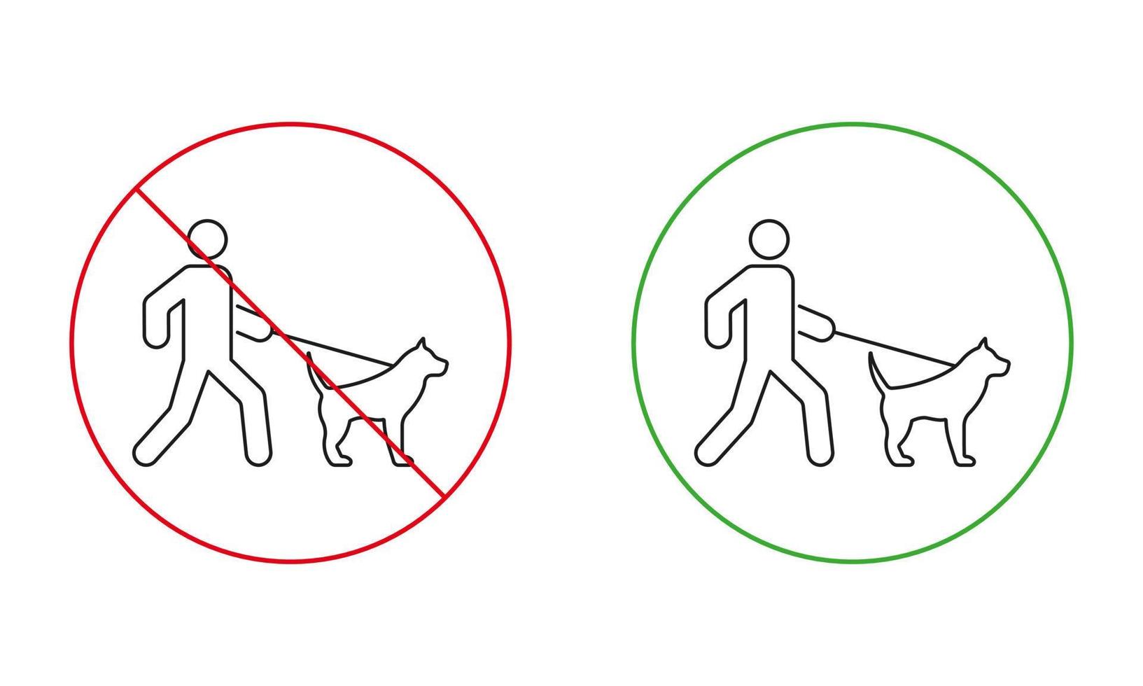 zone d'interdiction pour l'icône de ligne de chien de marche. interdire la promenade symbole de cercle d'arrêt rouge. mâle et animal de compagnie en laisse à pied pictogramme de contour interdit. autoriser le signe vert de la zone des animaux à pied. illustration vectorielle isolée. vecteur