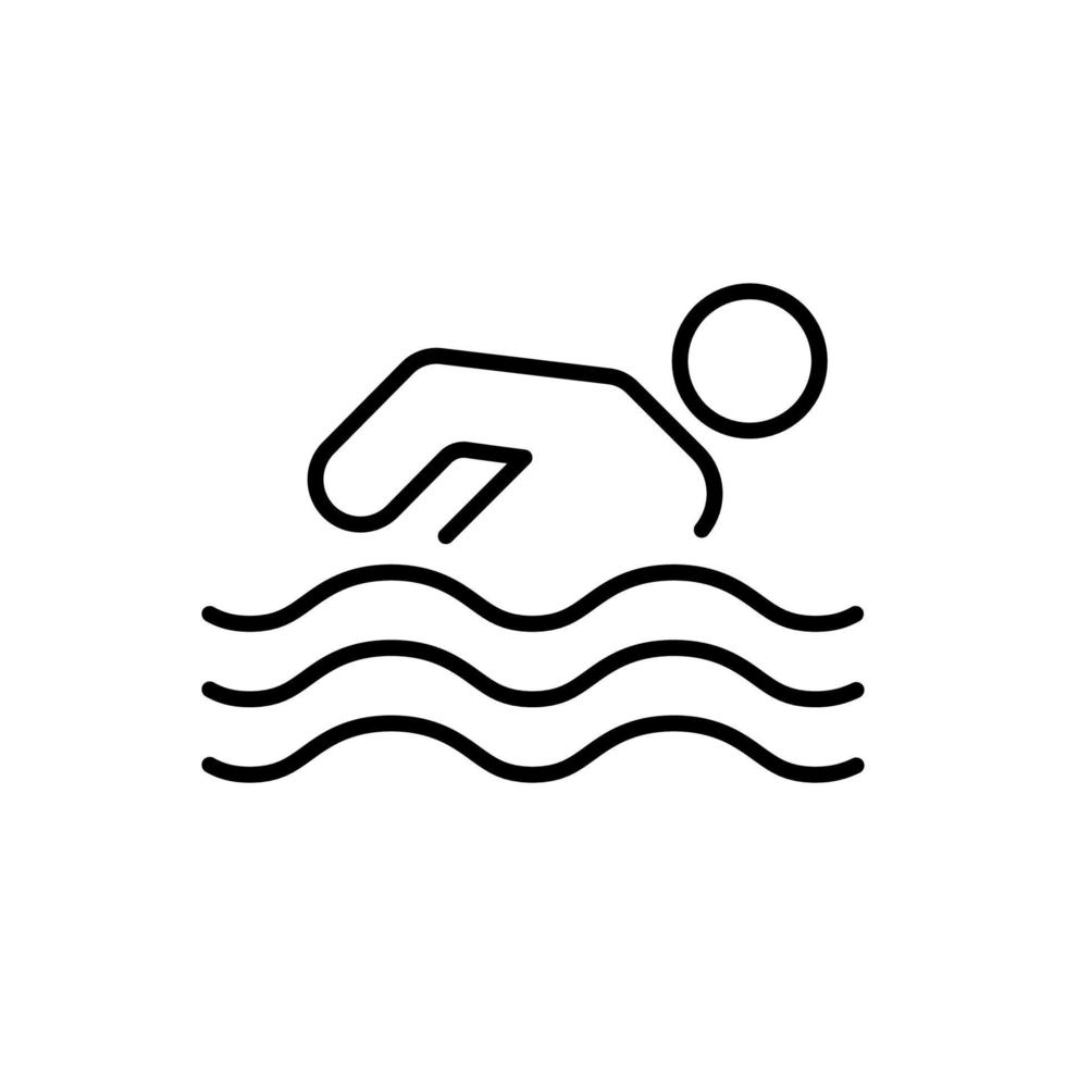 athlète stick man nager dans l'icône de la ligne noire de la mer. nageur sportif plongée dans le pictogramme de contour de la piscine. mouvement de figure simple humain dans le symbole plat de l'eau. trait modifiable. illustration vectorielle isolée. vecteur