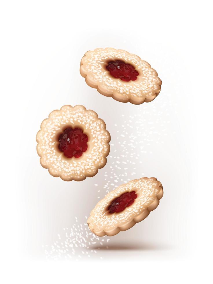 icône de vecteur réaliste 3D. biscuits linzer tombant avec du sucre glace. faire des biscuits.