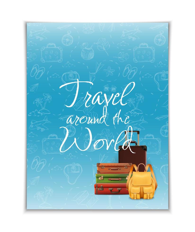 voyage autour de la bannière du monde avec des éléments dessinés à la main et des bagages réalistes. vecteur