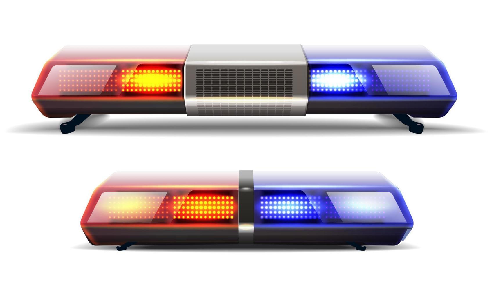 ensemble vectoriel réaliste 3d de deux feux de dessus de voiture de police en rouge et bleu. isolé sur fond blanc.