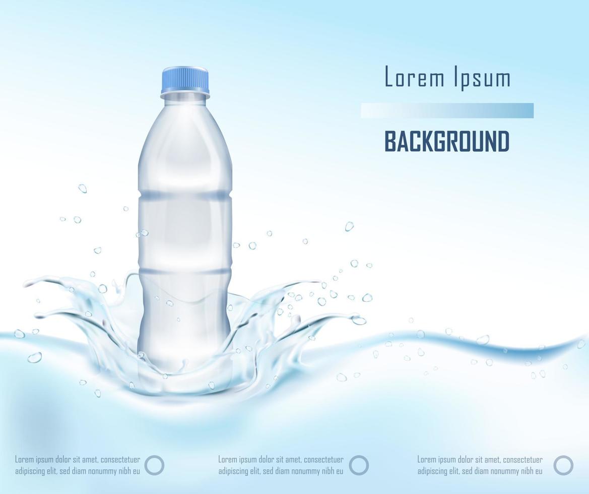 bannière d'illustration vectorielle réaliste 3d. petite bouteille d'eau en plastique potable avec éclaboussures et gouttes. vecteur