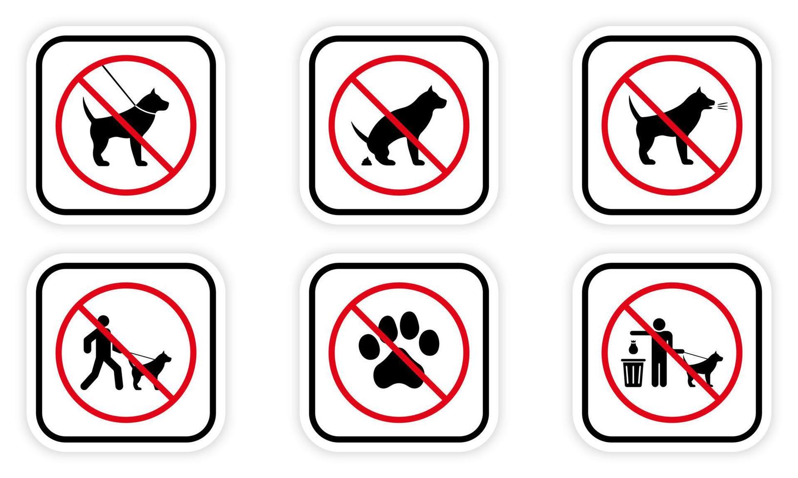 interdire le jeu d'icônes de silhouette noire de chien. interdire le pictogramme de marche d'entrée pour animaux de compagnie. symbole d'arrêt rouge de la zone de stationnement. pas de panneau de toilette pour animaux autorisé. canin interdit. nettoyer après caca de chien. illustration vectorielle isolée. vecteur
