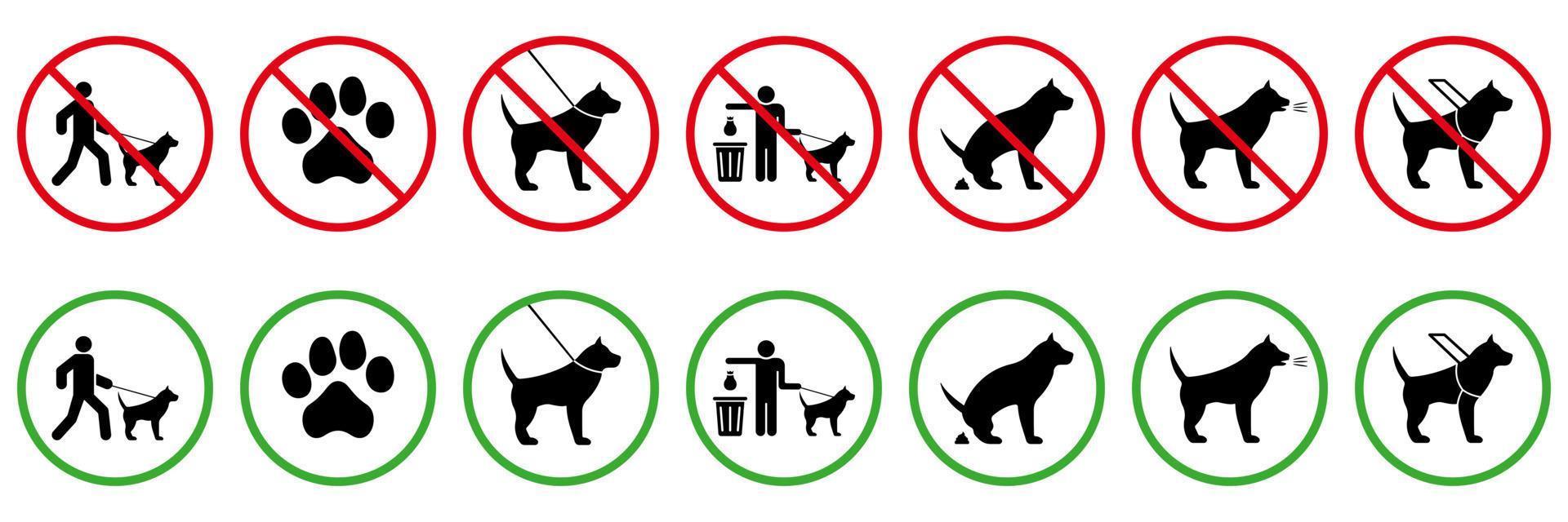 pas de panneau de toilette pour animaux autorisé. autorisation canine. symbole vert de zone de parc. nettoyer après caca de chien. interdire le jeu d'icônes de silhouette noire de chien. interdire le pictogramme de marche d'entrée pour animaux de compagnie. illustration vectorielle isolée. vecteur