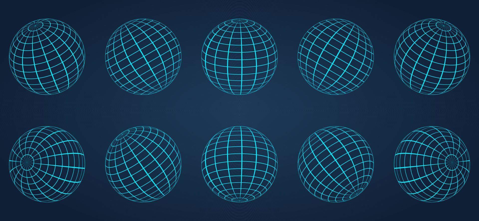 Sphère de grille de globe bleu 3d sur fond sombre. boule de maille de grille ronde géométrique. surface du globe filaire. câblez la latitude et la longitude globales de la terre. ligne câblée globe terrestre 3d. illustration vectorielle. vecteur