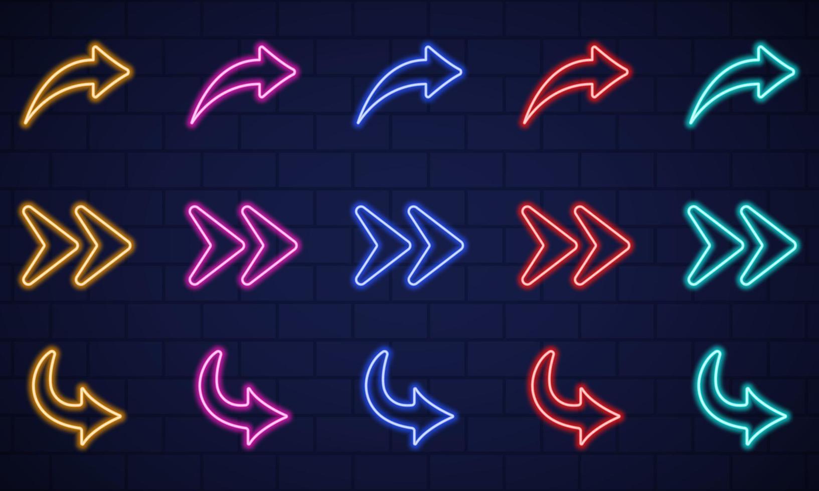 icônes colorées de flèches vers la droite au néon sur fond de mur sombre. indicateur de localisation casino, bar, discothèque, cinéma et motel. flèches lumineuses au néon de différentes couleurs. illustration vectorielle isolée. vecteur