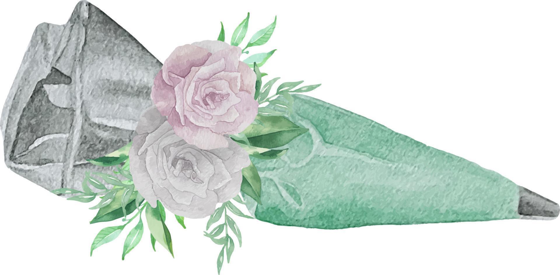 illustration à l'aquarelle d'une poche à douille et d'une pointe avec de la crème pâtissière turquoise à la menthe et des fleurs avec de la verdure. illustration de boulangerie pour invitation, pâtisserie, menu, logos vecteur