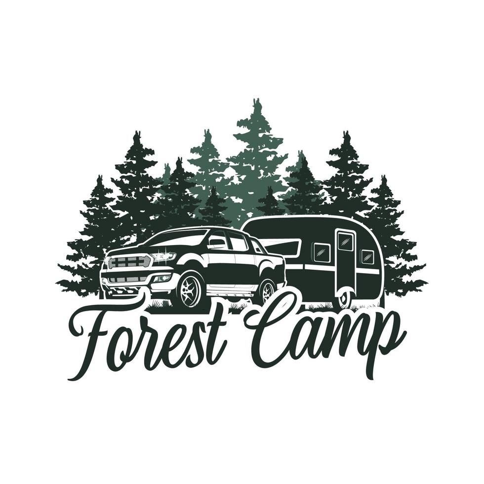 la voiture double cabine attire une caravane de camping sur fond de pinède, utilisée pour le logo des aventuriers et du camping saisonnier. vecteur