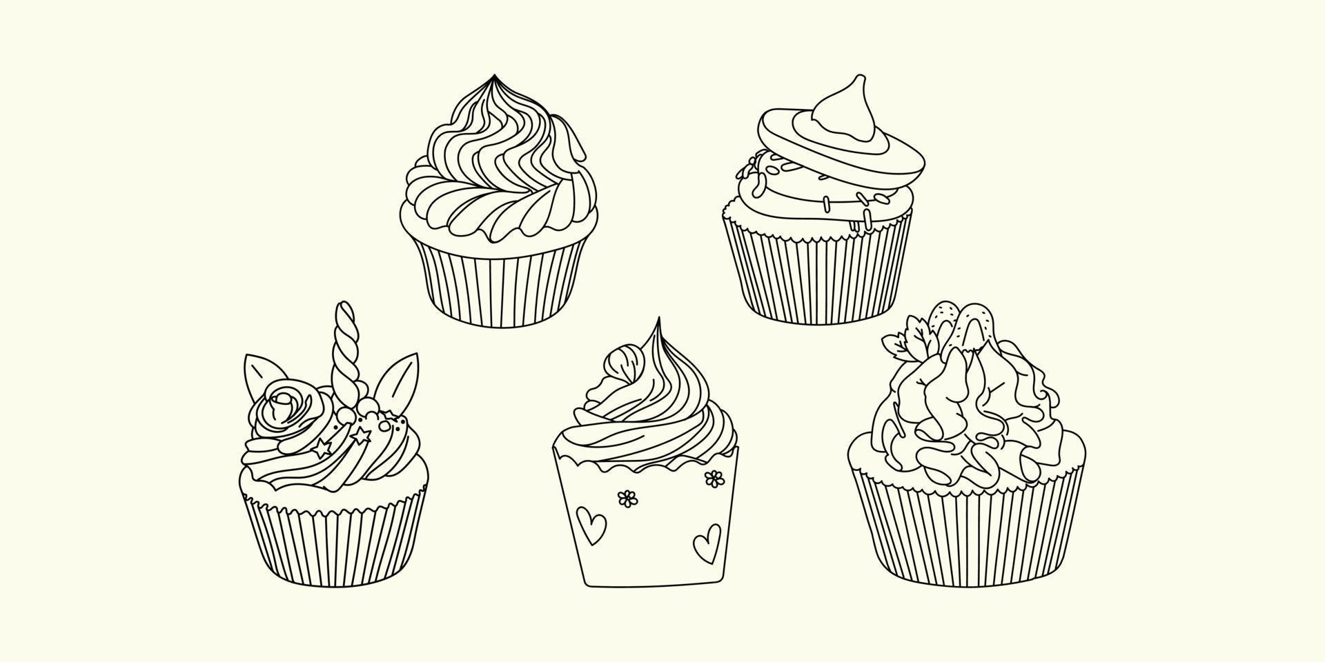 ensemble de vecteurs de cupcake ensemble d'illustration d'art de ligne dessiné à la main, contour de gâteau de tasse pour livre de coloriage vecteur