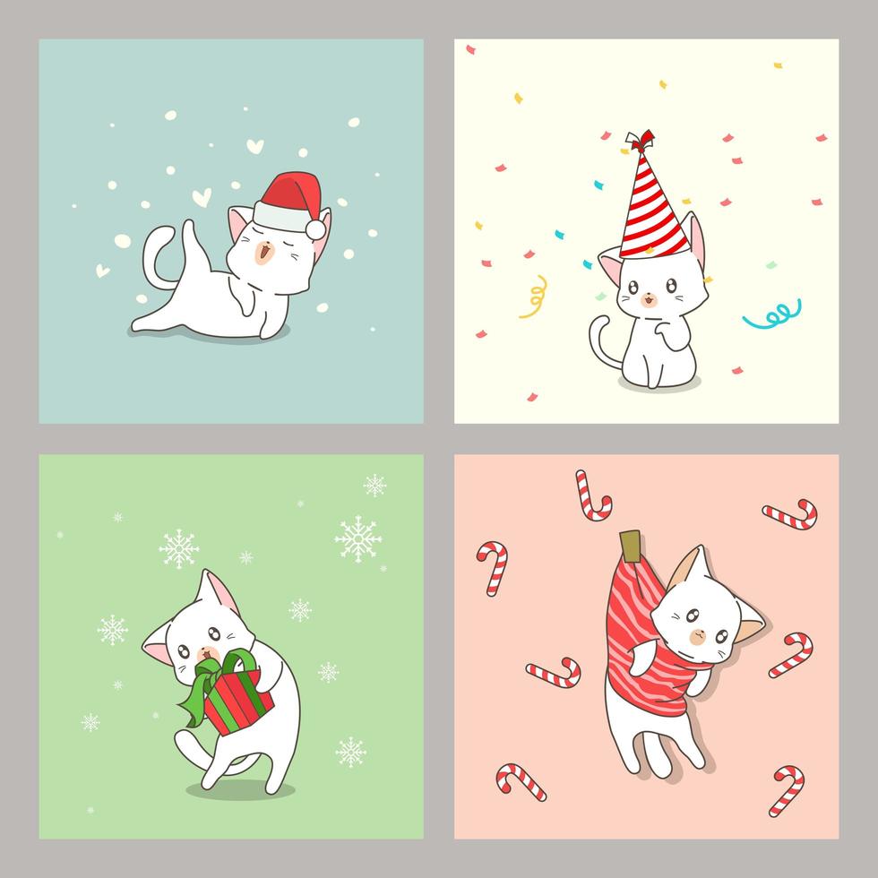 jeu de cartes de chat de noël dessiné à la main vecteur