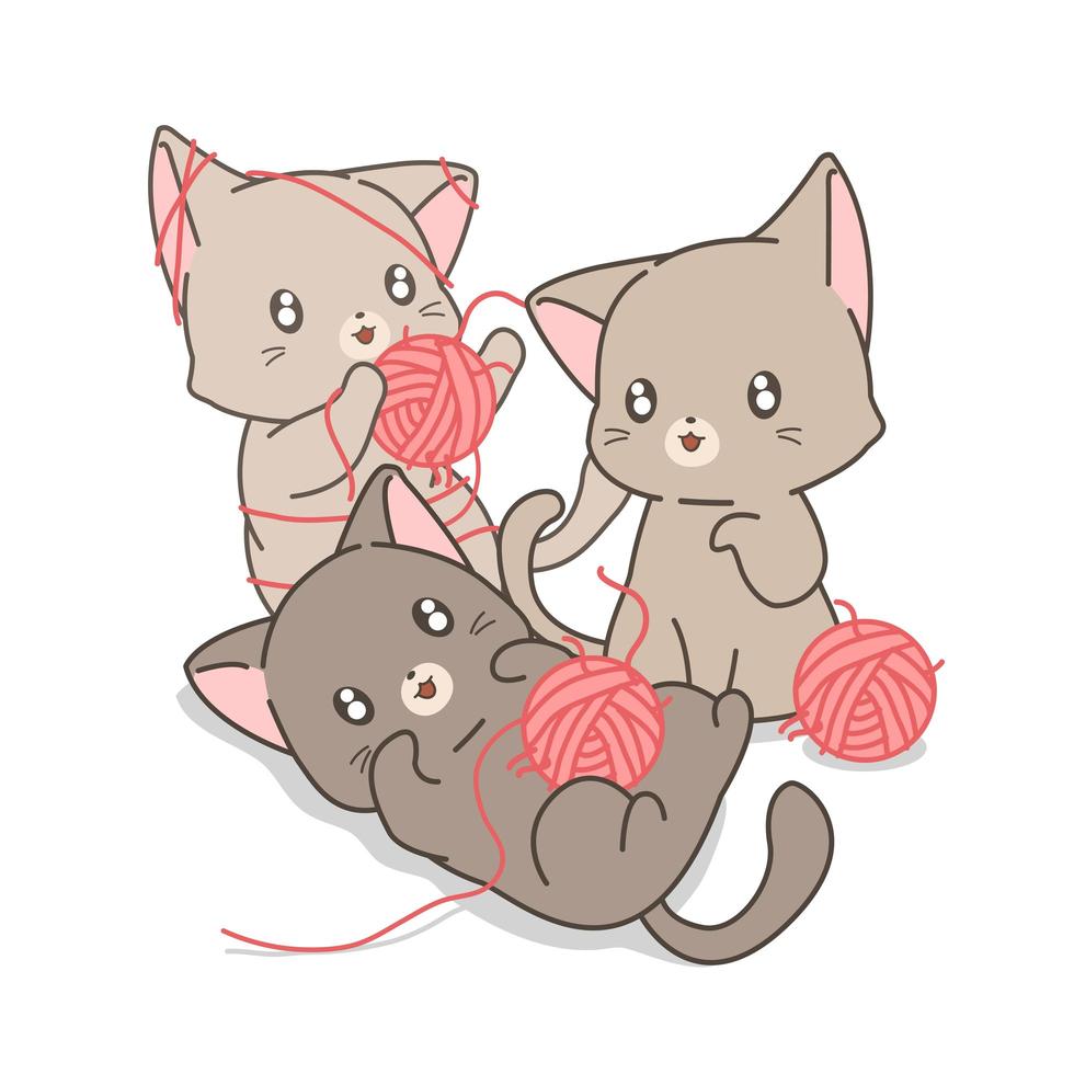 chats dessinés à la main jouant avec du fil vecteur