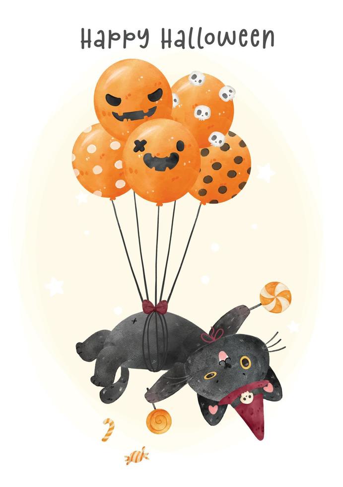 mignon halloween chaton noir chat sorcière volant par bouquet de fête de ballons d'halloween orange, vecteur d'illustration de personnage de dessin animé animal aquarelle