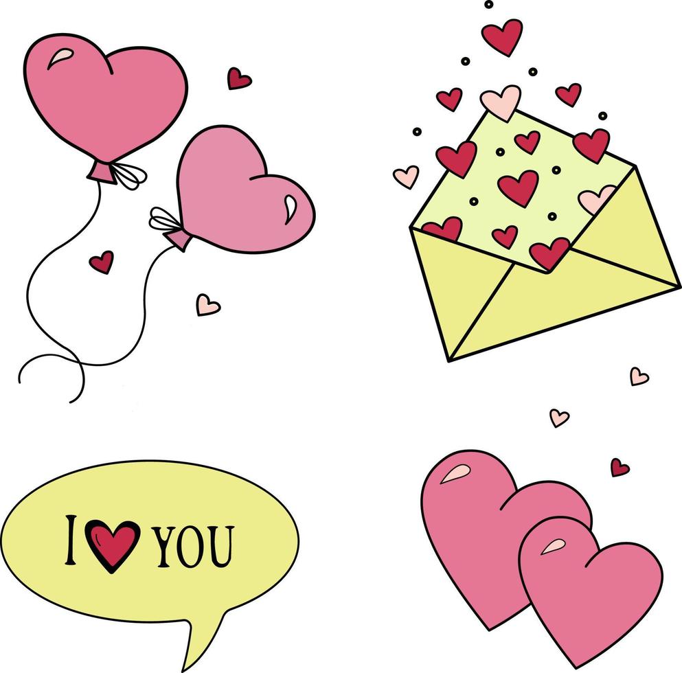 ensemble mignon avec coeurs, ballons, enveloppe pour la saint valentin, mariage, événement romantique. icônes vectorielles de contour pour sites Web et interfaces, applications mobiles, icônes, cartes postales. un bon ensemble. vecteur