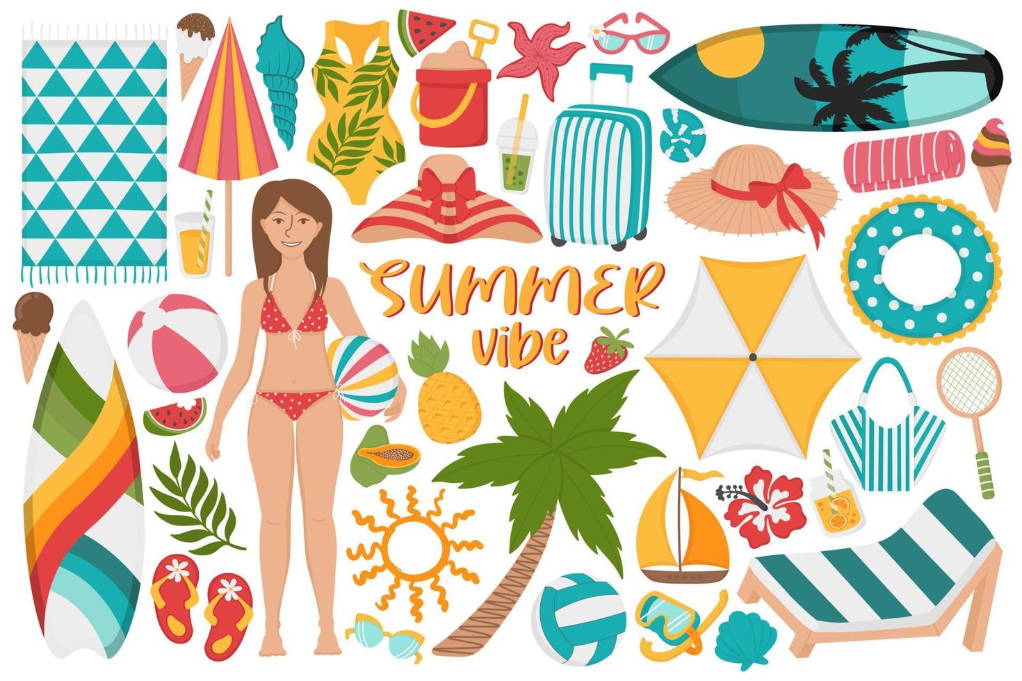 ensemble de vacances d'été sur la plage. doodle clipart plat. tous les objets sont repeints. vecteur