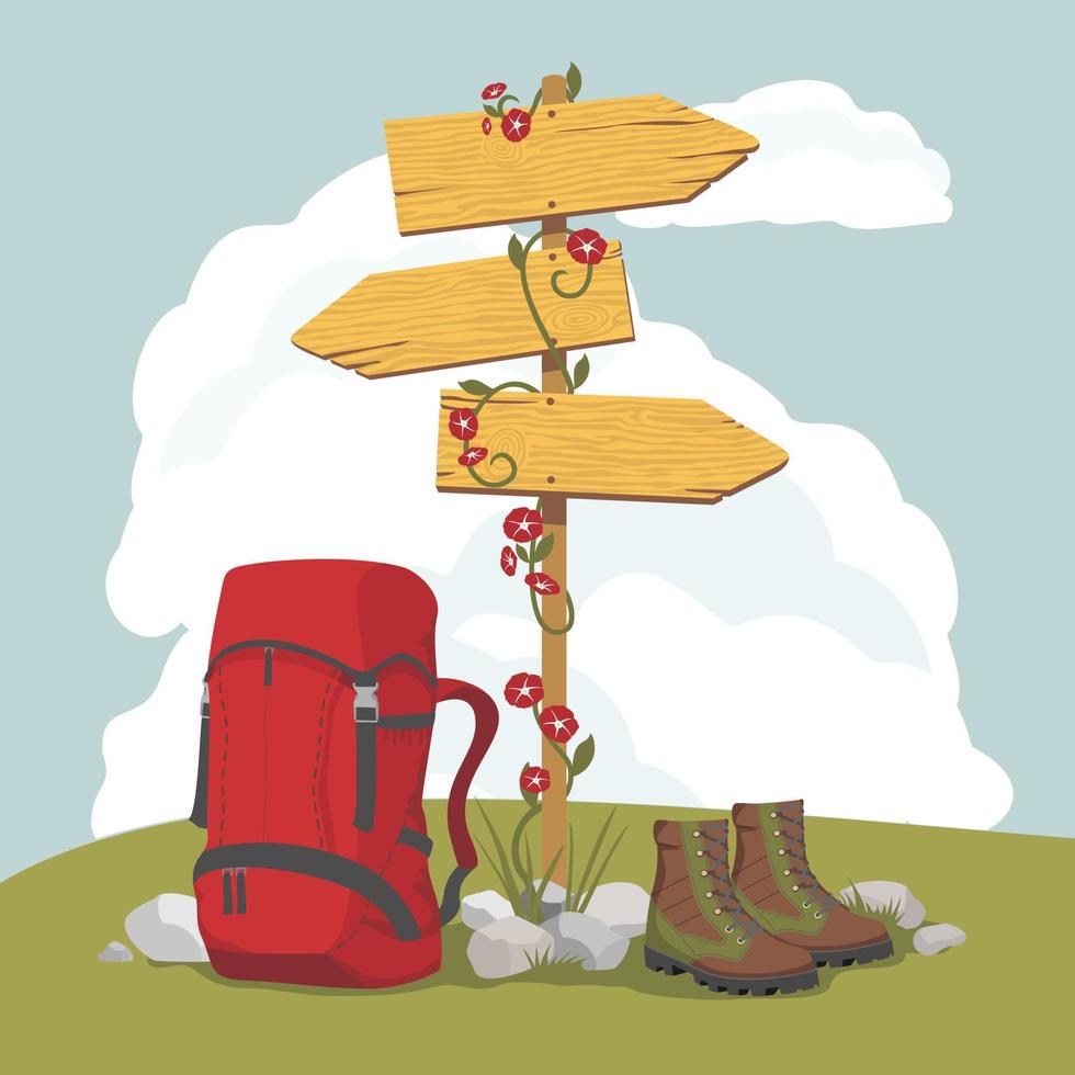 carte de randonnée d'été avec un panneau routier, sac à dos, bottes sur le fond du paysage. vecteur