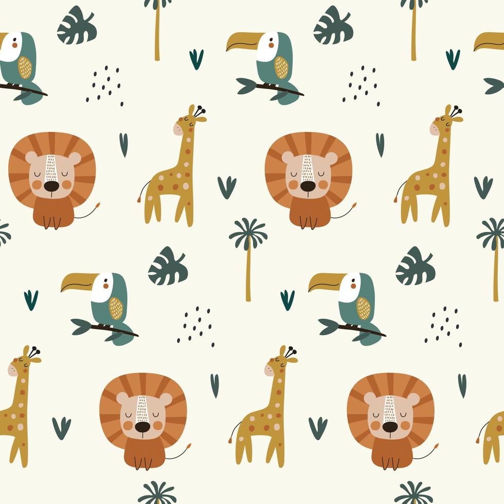 modèle sans couture avec lion, toucan, girafe. illustrations vectorielles vecteur