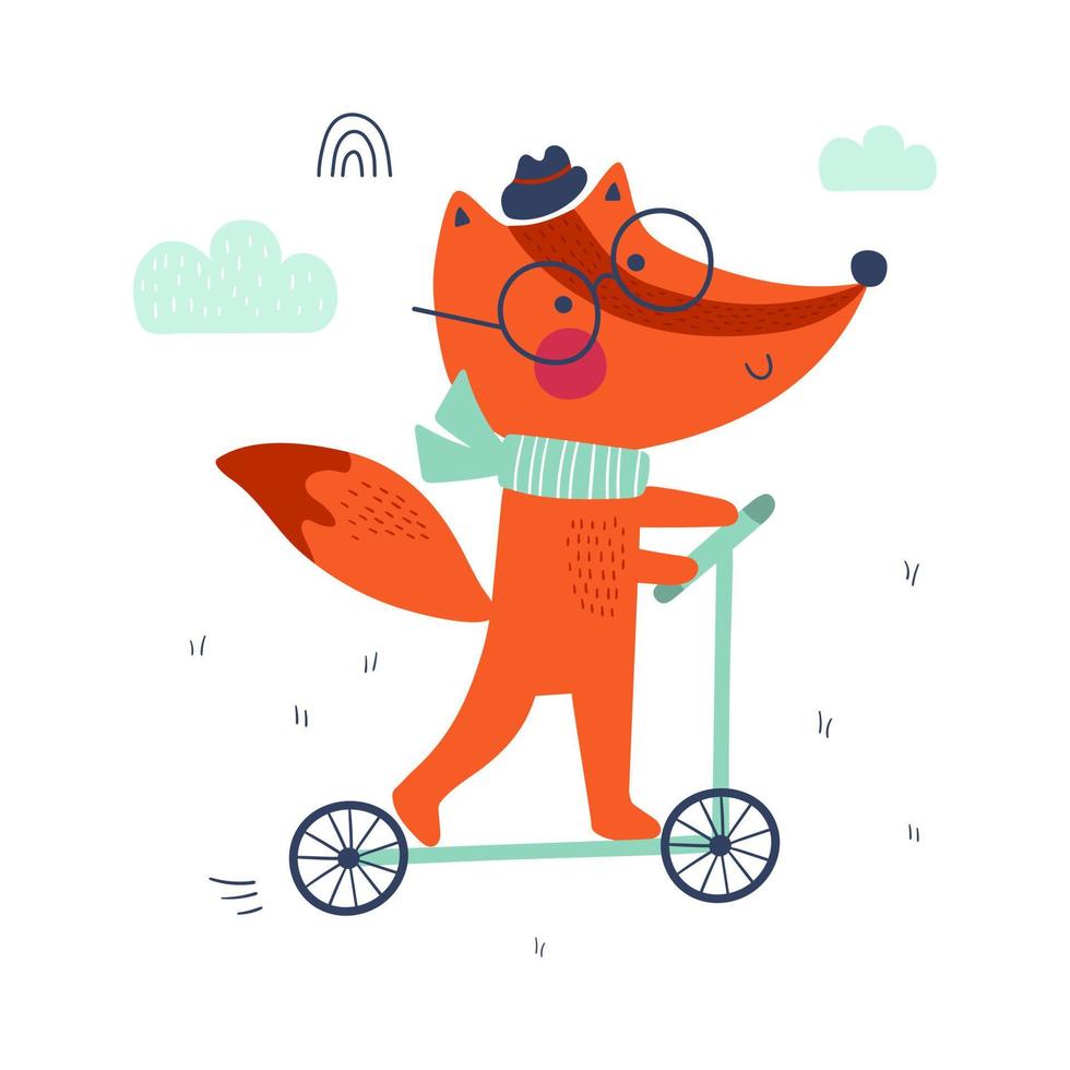 renard mignon sur un scooter. impression d'enfants. illustrations vectorielles vecteur