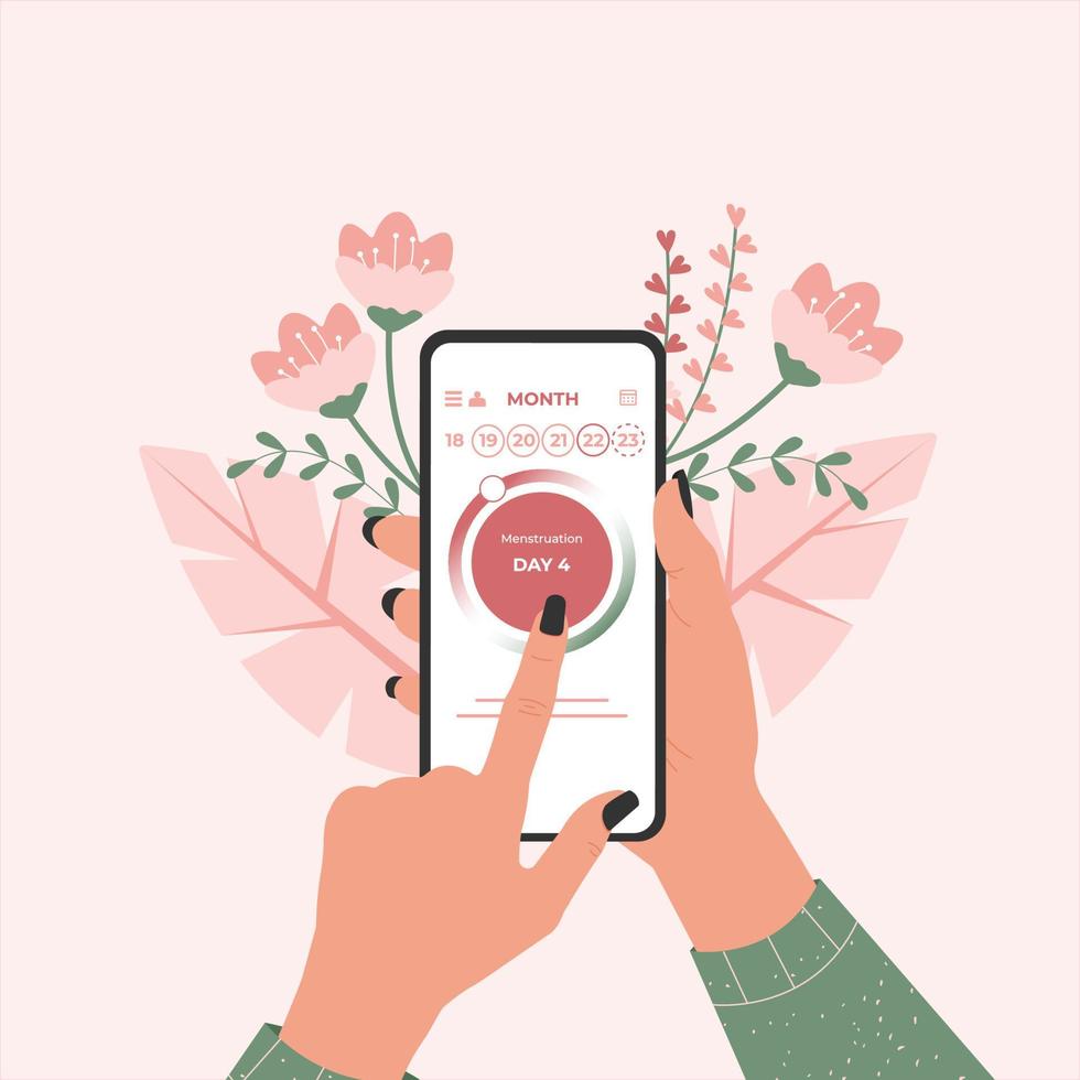 une femme tient un téléphone portable dans sa main, une application de suivi du cycle menstruel sur l'écran de son smartphone dans un style plat. vecteur