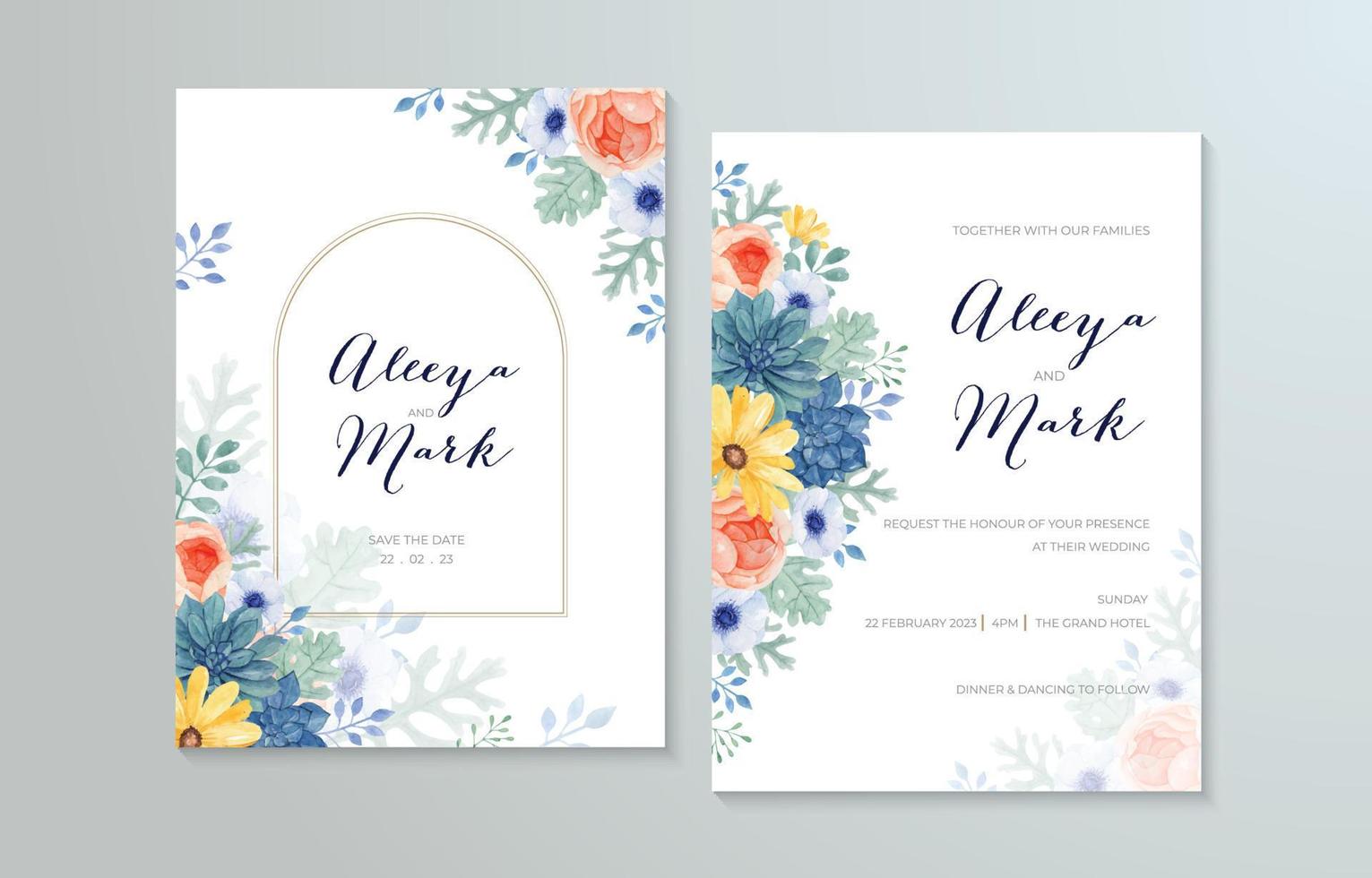 modèle de carte d'invitation de mariage romantique avec décoration florale aquarelle vecteur