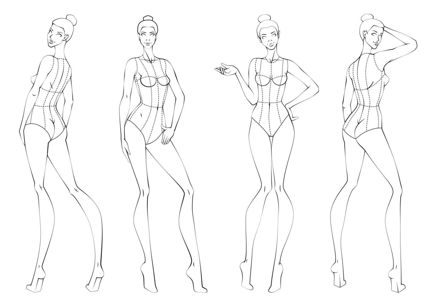 la figure féminine à dix têtes pose un croquis de modèle pour le design de mode. illustration vectorielle vecteur