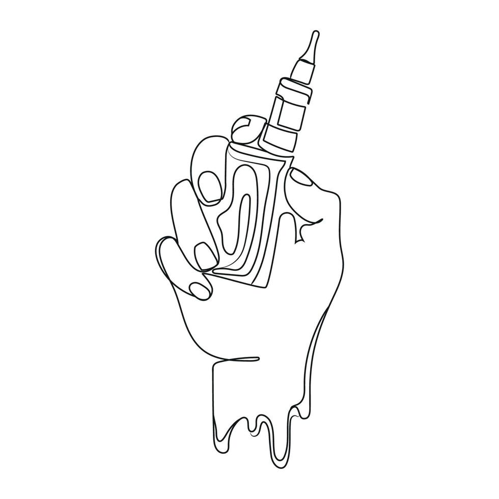 main de vecteur tenant le dessin au trait du vaporisateur de cigarette électronique, modèle de logo. main avec dessin au trait continu vape, conception du logo, emblème, appareil à fumer