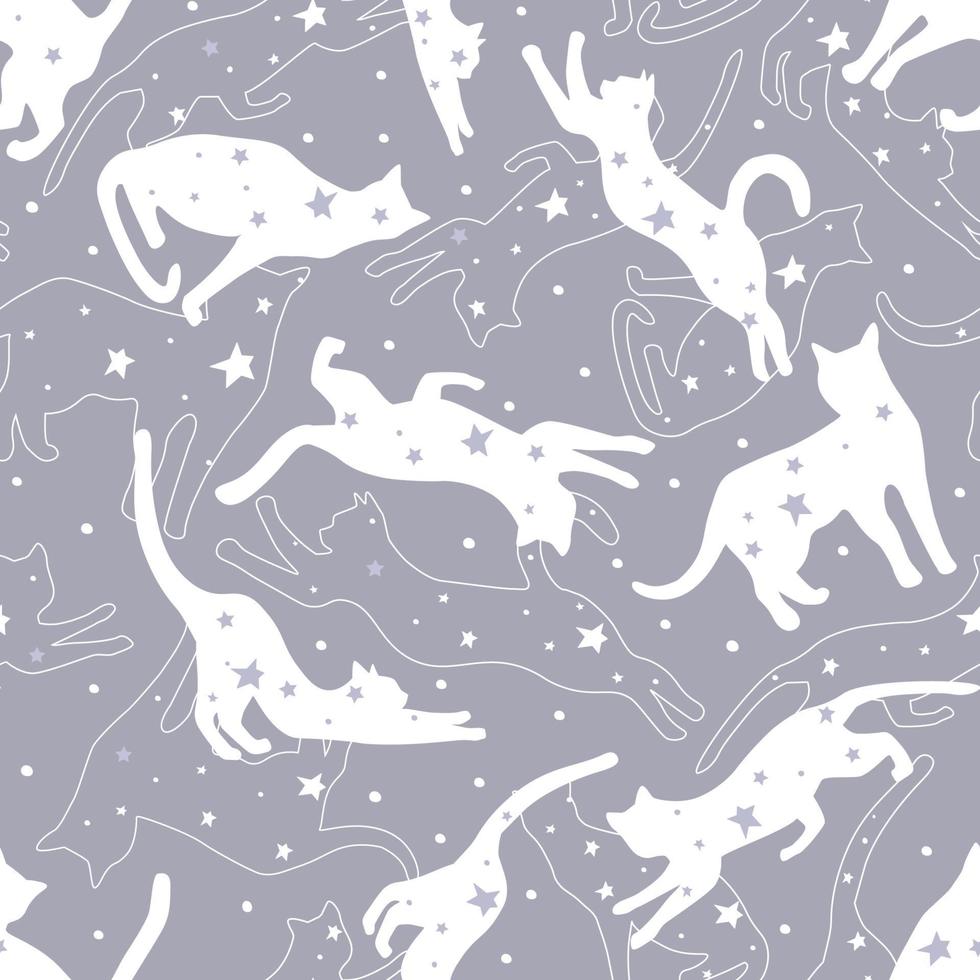 modèle sans couture de silhouettes de chats avec des étoiles dans des poses différentes. les chats mignons jouent, sautent dans l'espace. ciel de rêve nocturne. graphiques vectoriels. vecteur