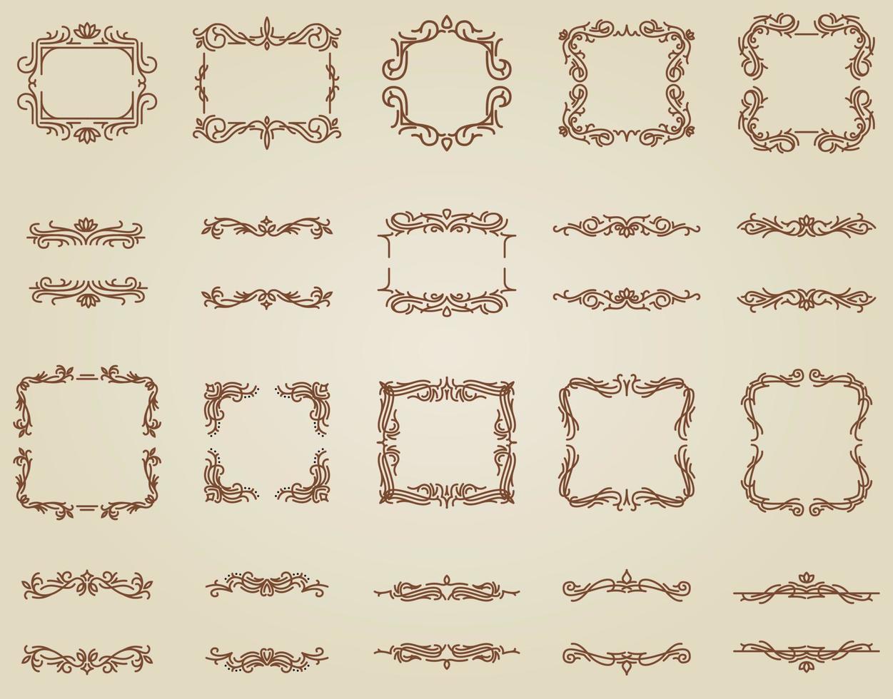 éléments rétro calligraphiques vintage. cadres décoratifs, diviseurs fleuris, bordures. belle vasque à volutes décorée de motifs et volutes. cadres ronds, carrés et rectangulaires pour cartes vecteur